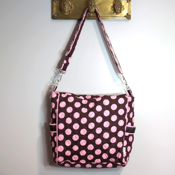 Belvah Beauty and Quality Pink/Brown Polkadot Quilted Tote Bag/Messenger Bag. - Picture 5 of 15